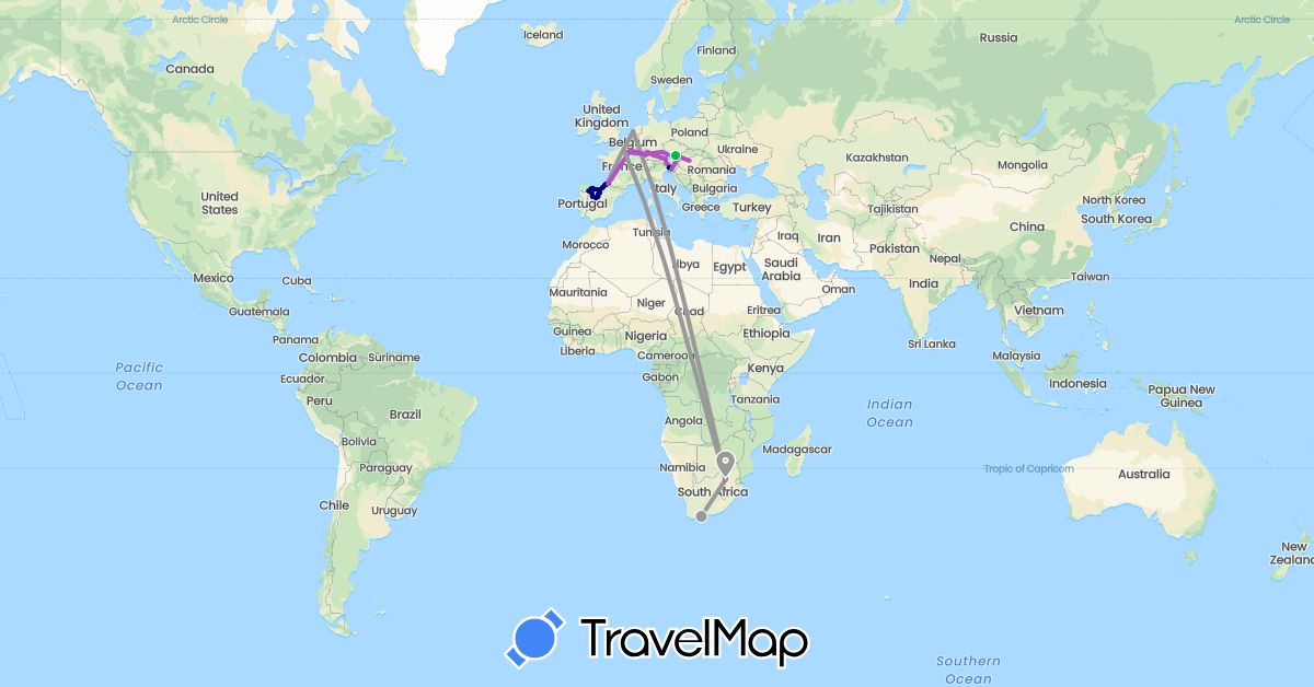 TravelMap itinerary: driving, bus, plane, train, boat in Austria, Germany, Spain, France, Hungary, Netherlands, Slovenia, South Africa (Africa, Europe)